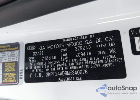 2021 Kia Forte Lxs from USA, damaged, VIN 3KPF24AD9ME340676